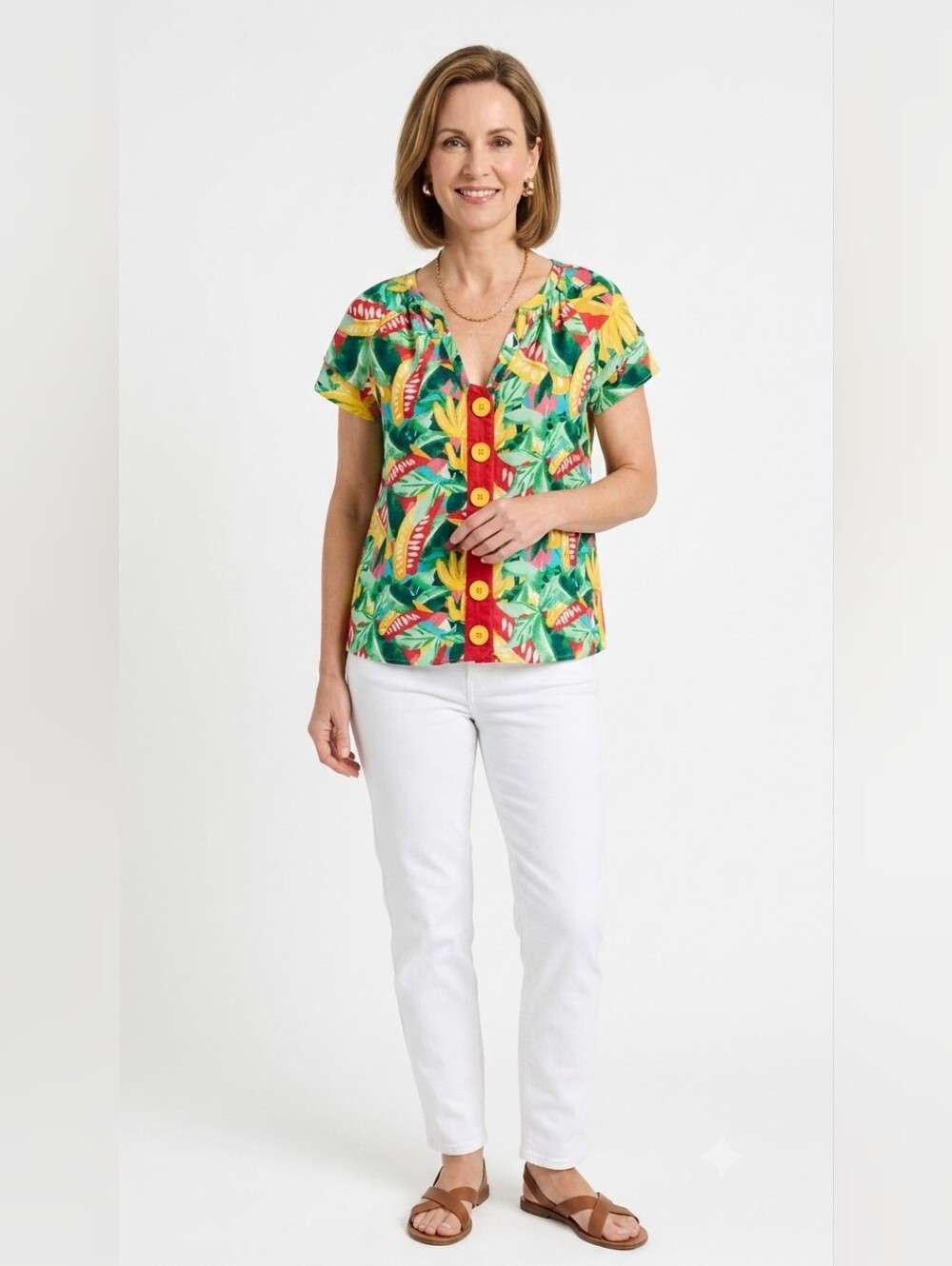 Calligraphie Women's Sz L Tropical Style V Neck Casual Blous Cap Sleeve Linen